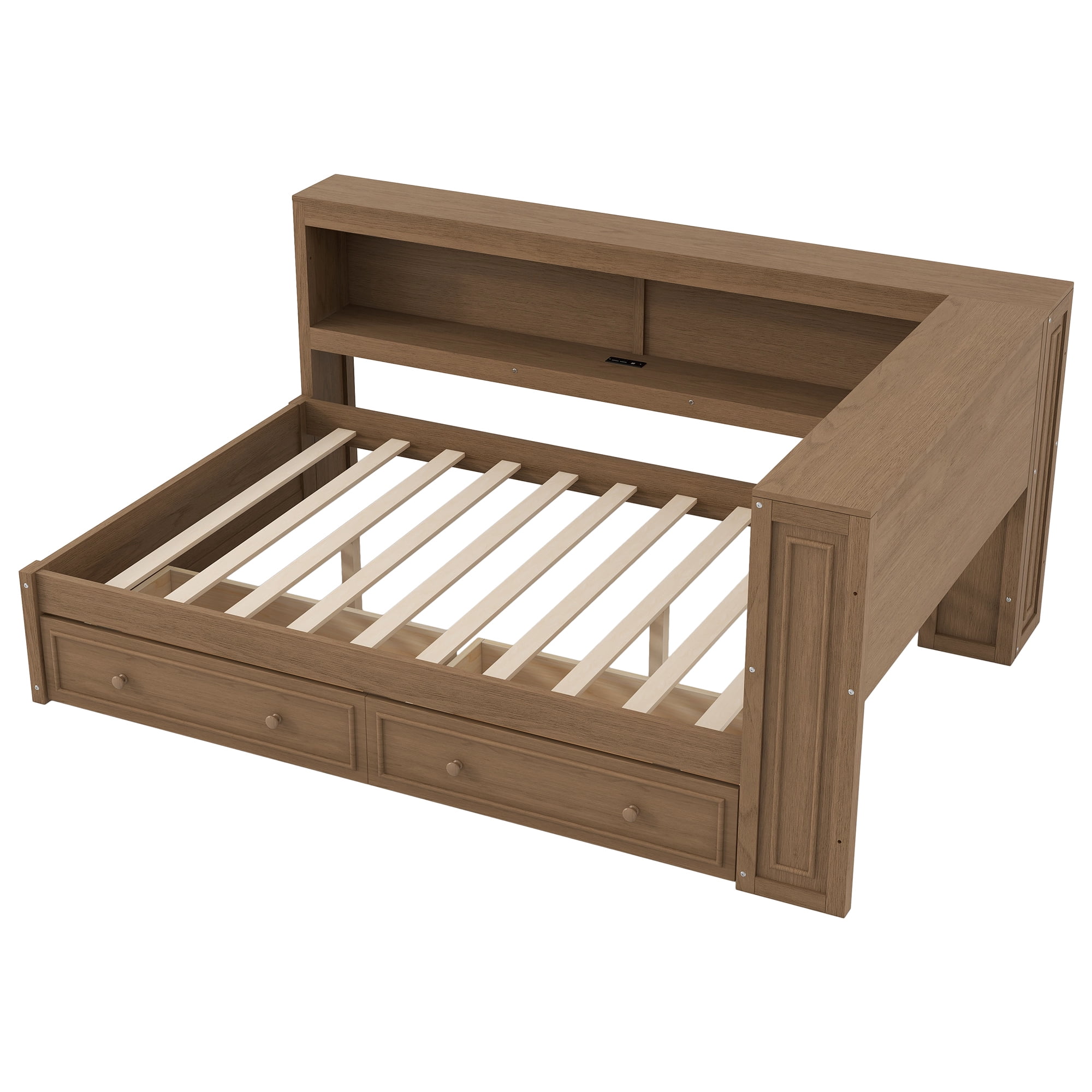 Euroco Full Size Wood Daybed with Storage Shelves and Drawers, Platform Bed with LED Light and USB Ports, Wood