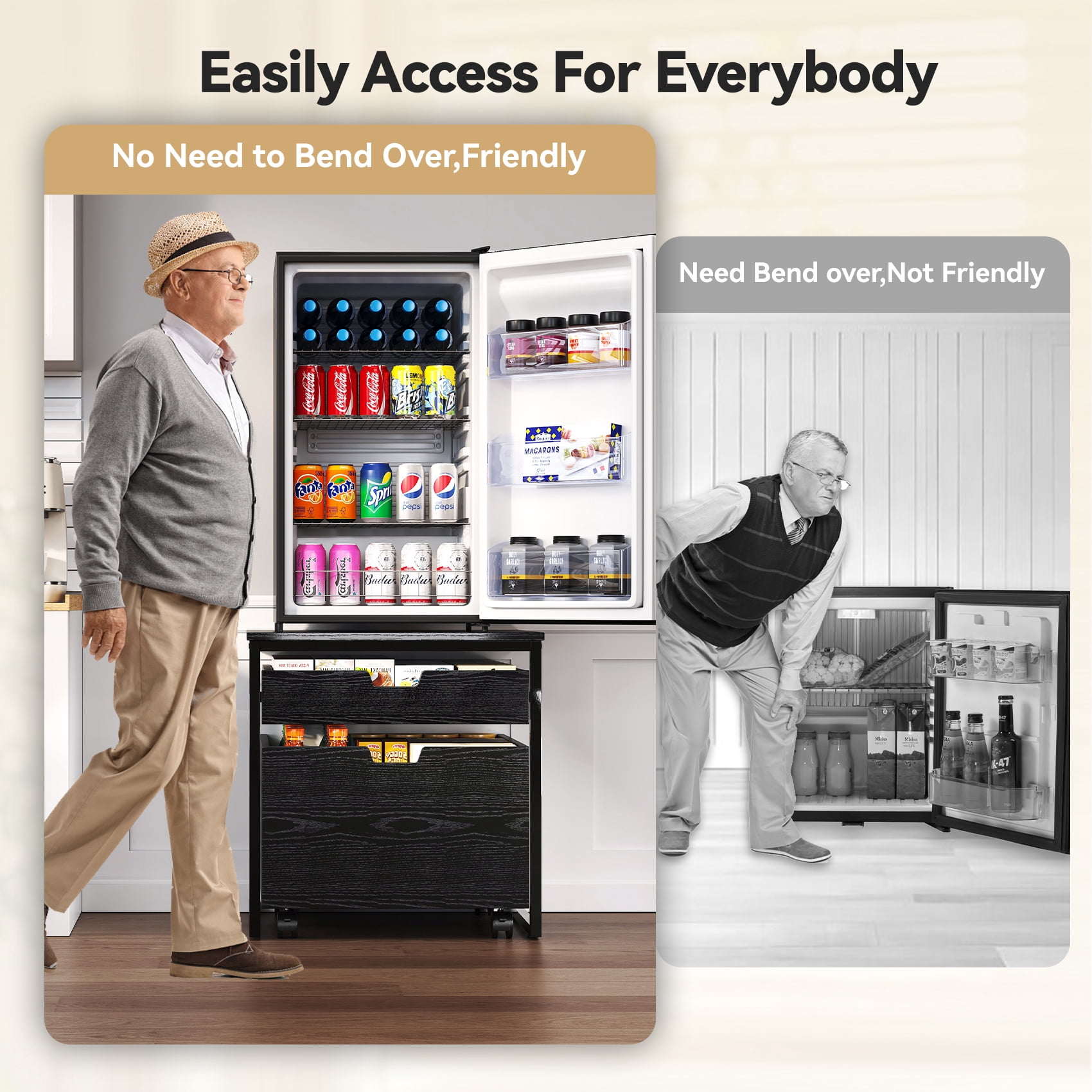 TC-HOMENY Mini Fridge Stand with 2 Storage Drawers, Refrigerator Microwave Table Shelf with Lockable Mobile Wheels, Beverage Compact Fridge Cabinet for Dorm, Apartment, Office