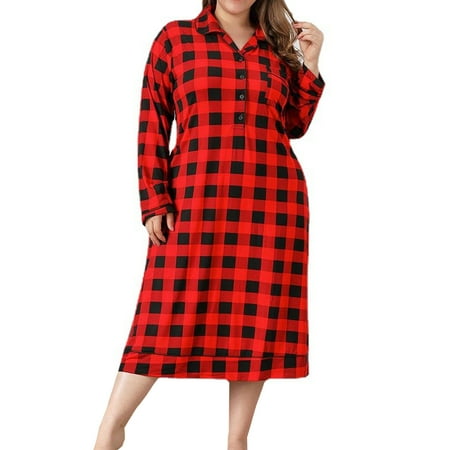 

Hanerdun Women Plus Size Plaid Nightgown Female Long Sleeve Sleep Shirt Red 4XL