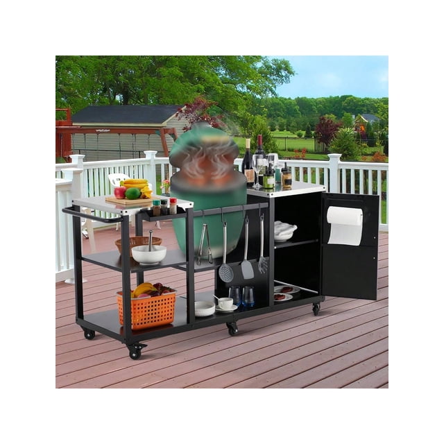 Bingirl Table de Gril pour Gril Kamado Style Oeuf, Station de Gril Extérieure Robuste, Table de Préparation avec Rangement, Support pour Sacs à Ordures, Crochets, Support pour Essuie-Tout, Roues, Compatible avec le Gril Kamado aux Oeufs