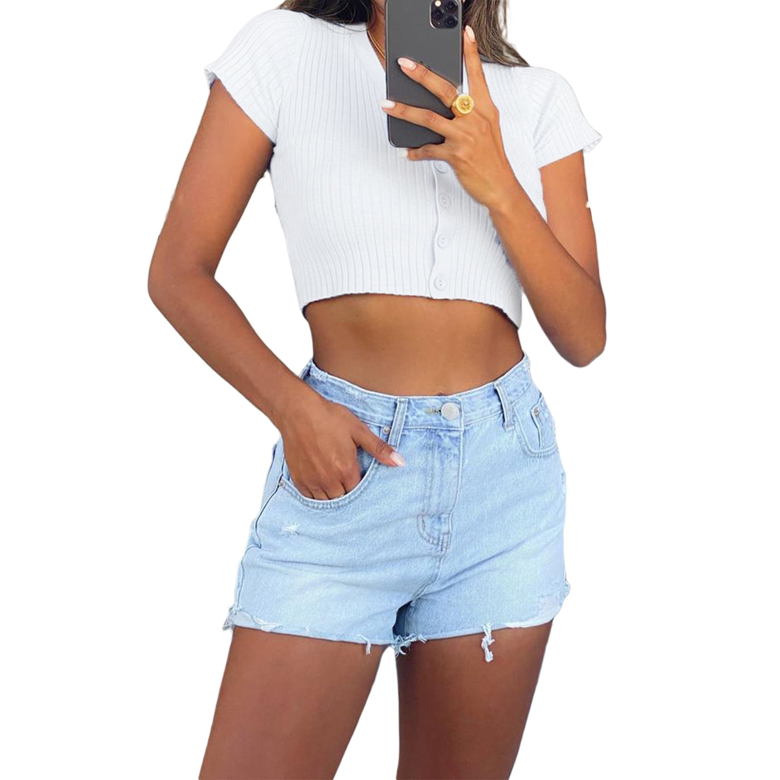 Crop Tops V Neck Short Sleeve Rib Knit 