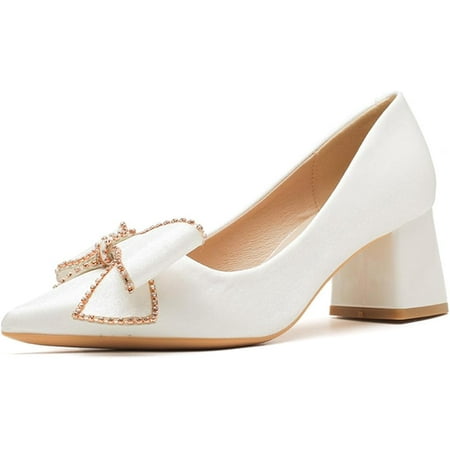 Women s Bow Chunky Heel Dress Pumps Fashion Pointed Toe Slip-On Mid Block Heel Office Work Formal Shoes Grace Party Prom Bridal Shoes