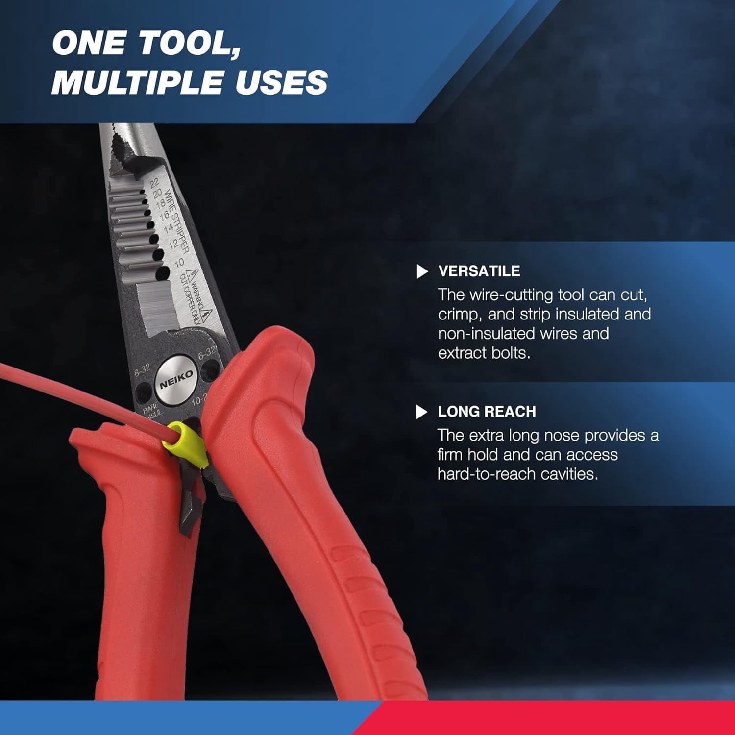 NEIKO 02038A 6-in-1 Wire Service Tool | 8-1/2" Length | Gripper, Crimper, Stripper, Cutter, Extractor, Electrician Pliers
