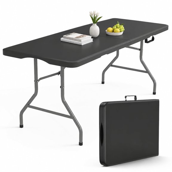 SUGIFT 6ft Fold-in-Half Folding Table Portable Plastic Picnic Party Dining Camp Table with Carrying Handle, Black