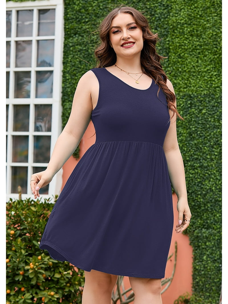 Showmall Women's Plus Size Summer Dress Navy Blue 4X Casual Sleeveless Crewneck Flowy Pleated knee-length Sun Beach Boho Elegant Girls Babydoll Swing Showmall Women's Plus Size Summer Dress Navy Blue 4X Casual Sleeveless Crewneck Flowy Pleated knee-length Sun Beach Boho Elegant Girls Babydoll Swing