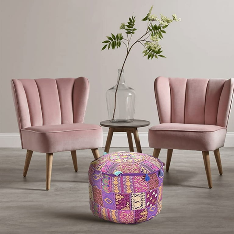 Hand-Embroidered Patchwork Ottoman Footstool - Purple Patches