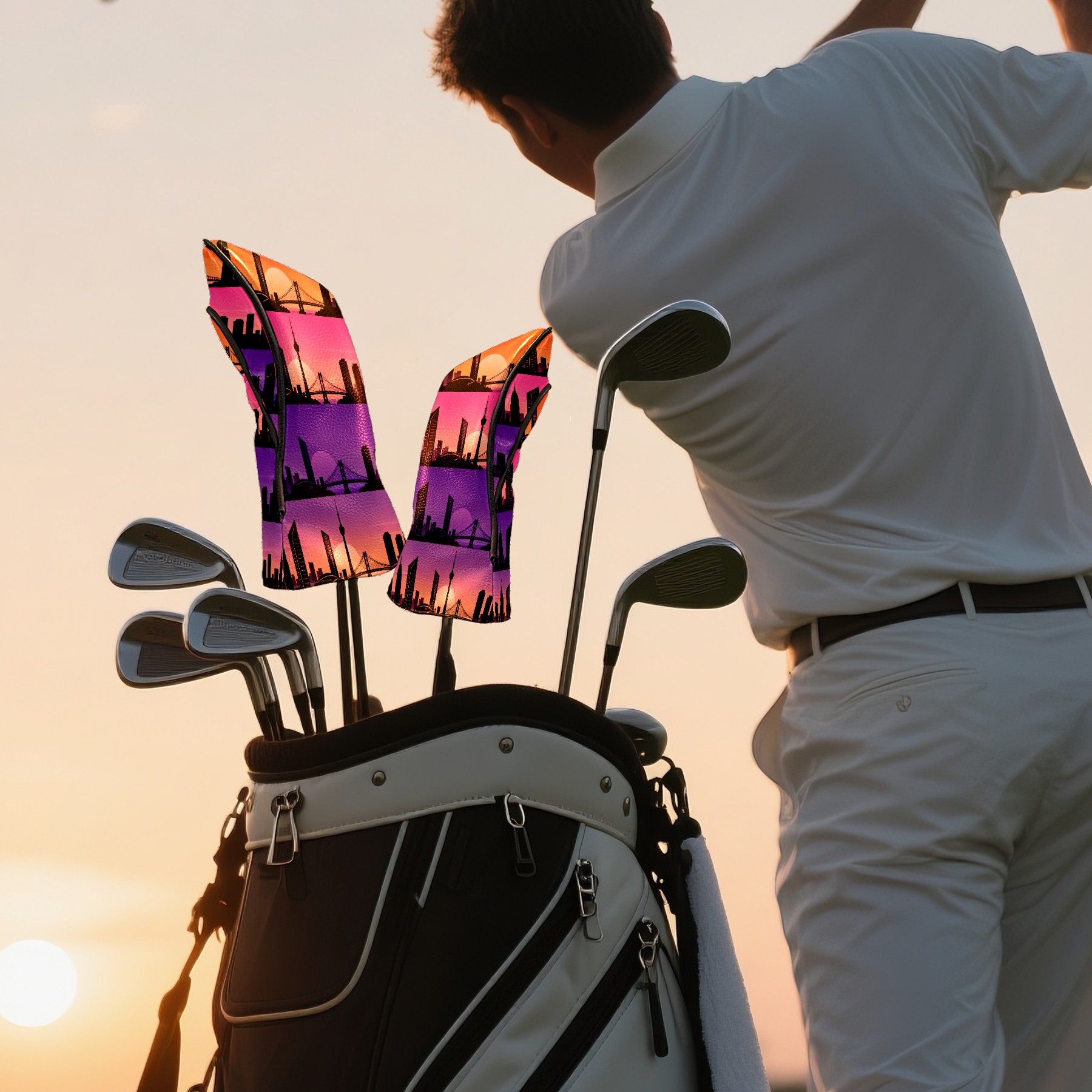 Golf Club Covers, Purple CitySkyline Premium PU Leather Driver Hybrid Putter Head Covers with Velvet Lining, Waterproof Golf Gifts for Men Women