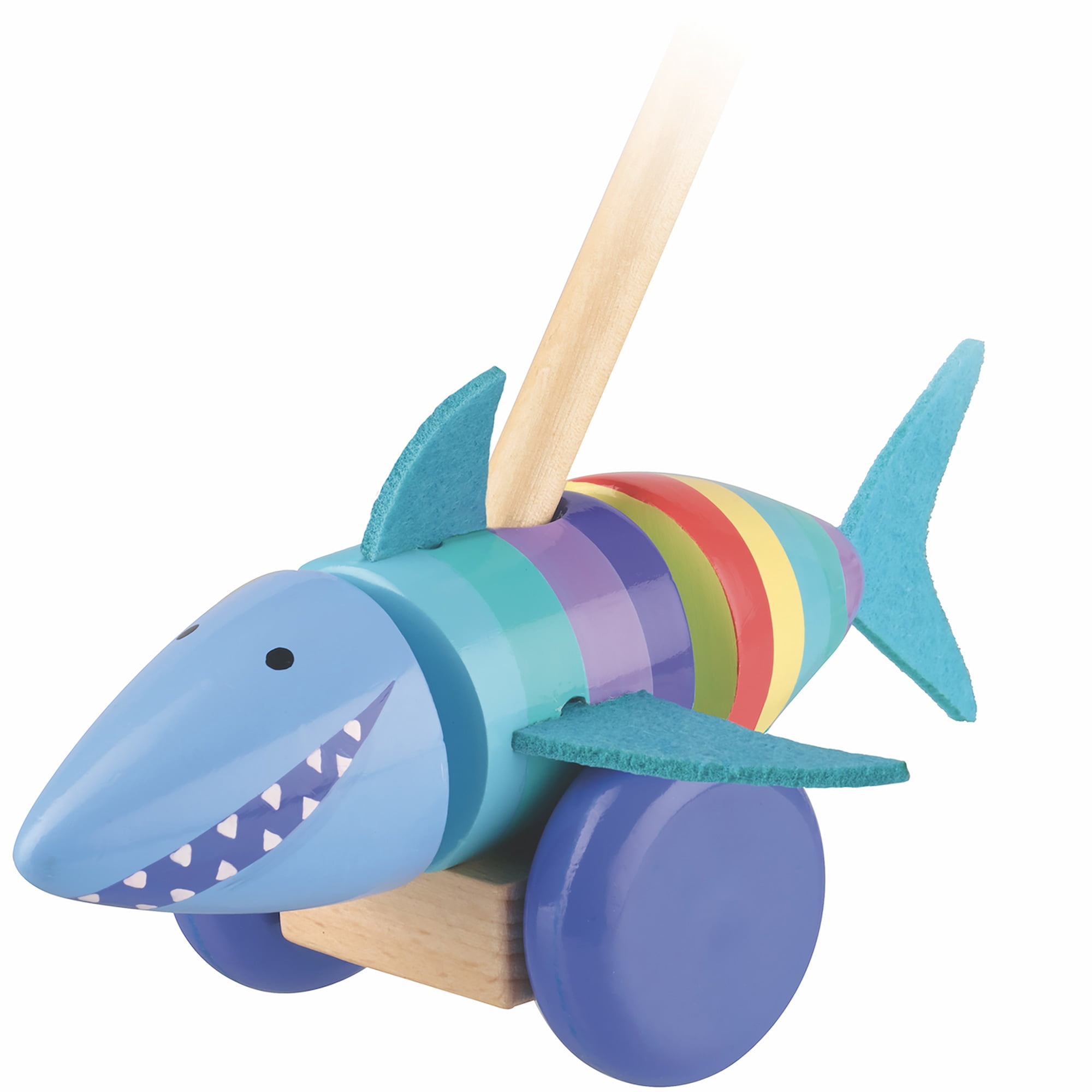 Orange Tree Toys: Push Along: Shark - Wooden Toy, Colorful Wheeled Character w/ Handle, Push & Pull, Encourage First Steps, Toddler & Kids, Ages 1+