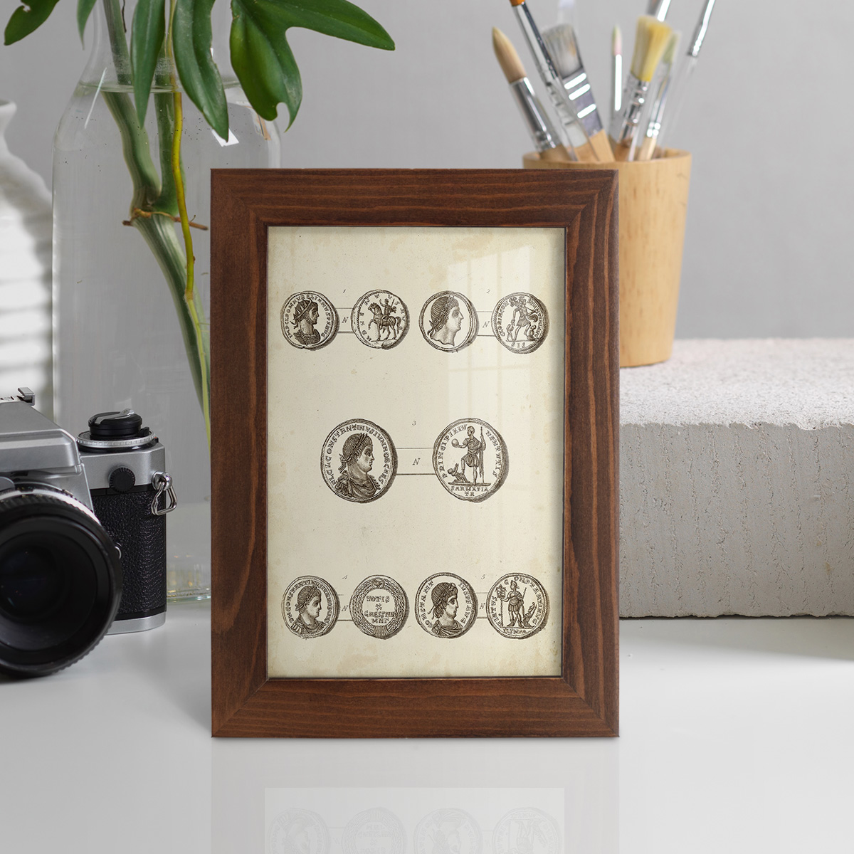 Antique Roman Coins V -Framed Print w/glass-Chestnut