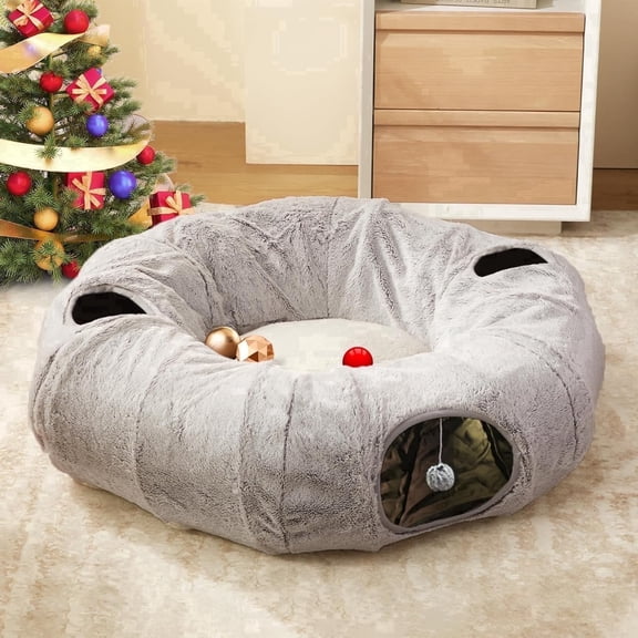 Windracing Cat Tunnel Donut Bed, Round Plush Pet Play Tunnel with Washable Cushion for Indoor Cats, Kittens, Puppies & Rabbits (Grey)