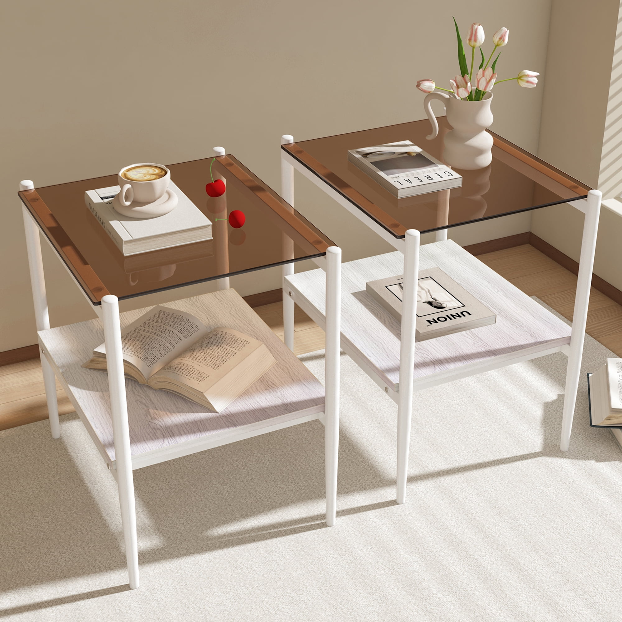 Euroco Set of 2 Rectangle End Table, Tempered Glass Tabletop with MDF layer, Modern Table for Living Room , Brown Glass