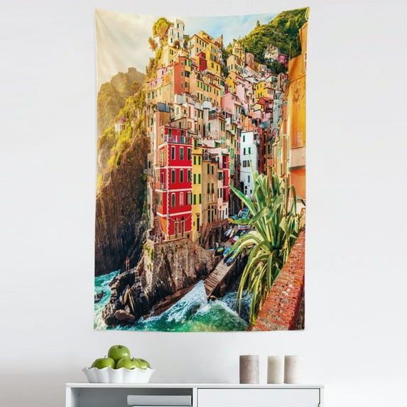 Italy Tapestry, Riomaggiore at Sunset Cinque Terre National Park Cliff and Coast Scenic Panorama, Fabric Wall Hanging Decor for Bedroom Living Room Dorm, 5 Sizes, Multicolor, by Ambesonne
