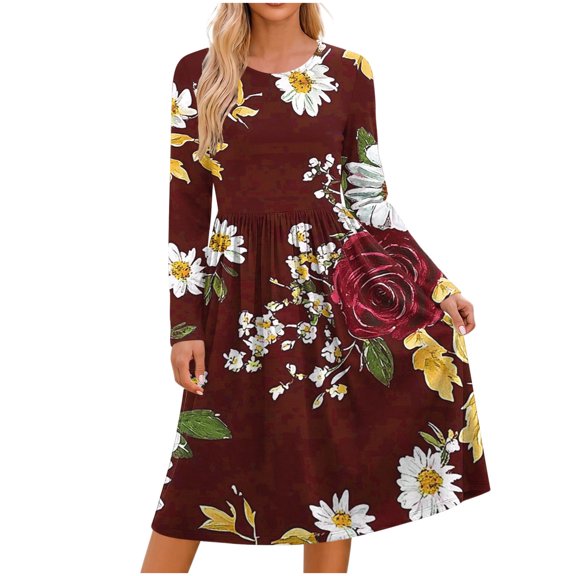 HAPIMO Round Neck Floral Print Pleated Dress Women Casual Dress for Daily Wear Wine L