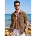 thumbnail image 3 of Men's Short Sleeve Button Down Shirt, Vertical Textured Stripe Casual Summer Beach Shirt, Lightweight Breathable Fashion Top with Front Pocket Khaki M, 3 of 8