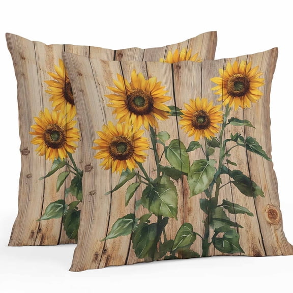 Outdoor Waterproof Pillow Covers Pack of 2, Summer Sunflower Vintage Flower Wood Grain Decorative Throw Pillowcases Cushion Covers for Garden Patio Tent Sofa Couch, 18x18 inch