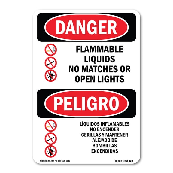 SignMission OS-DS-A-1014-VS-1241 10 x 14 in. OSHA Danger Sign - Flammable Liquids No Matches Bilingual
