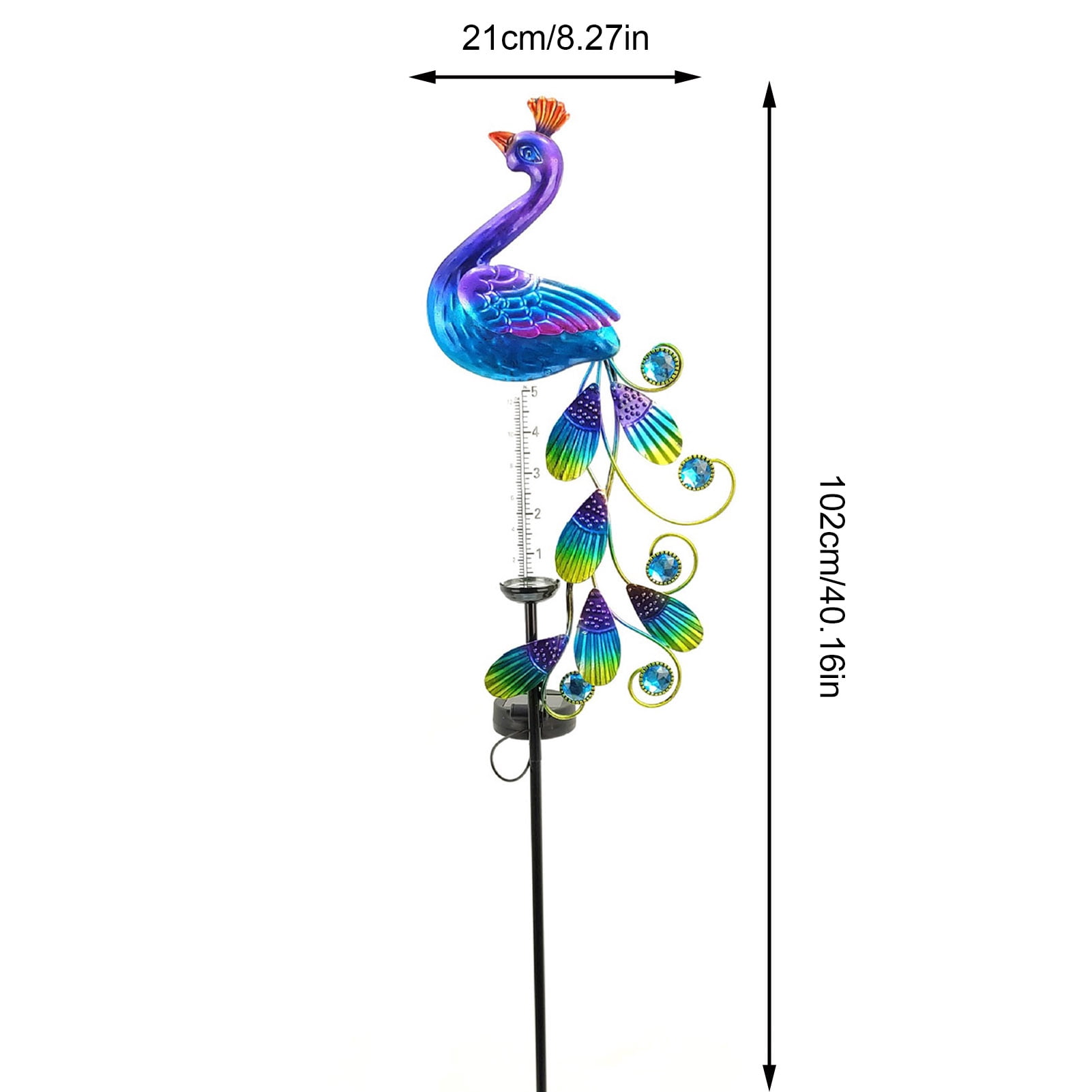 Hyasfey Solar Peacock Rain Gauge Outdoor Freeze-Proof Water Gauge Lighted Peacock Rainfall Indicator with Metal Stake for Garden Lawn Decor