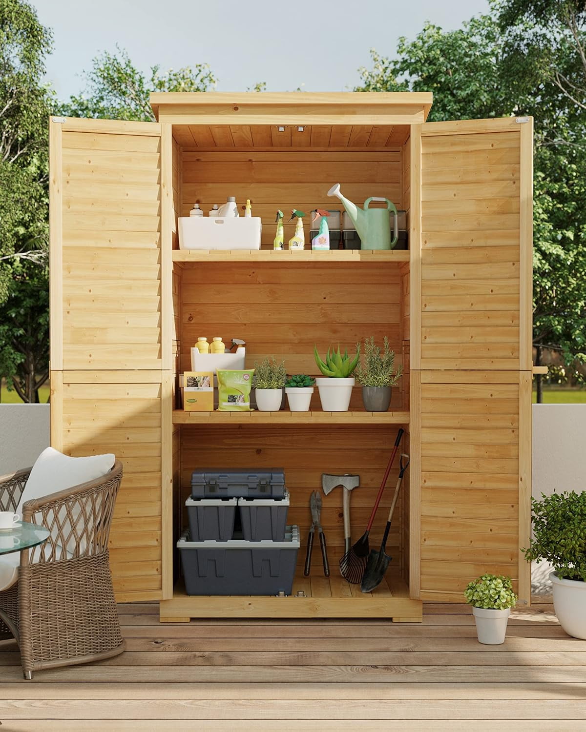 63.2" Outdoor Storage Cabinet, Lofka  Lockable Doors Garden shed with Adjustable Shelves| Asphalt Roof| Ventilate Shutter, Wood Shed with Large Storage Space, Waterproof Roof for Garden, Natural