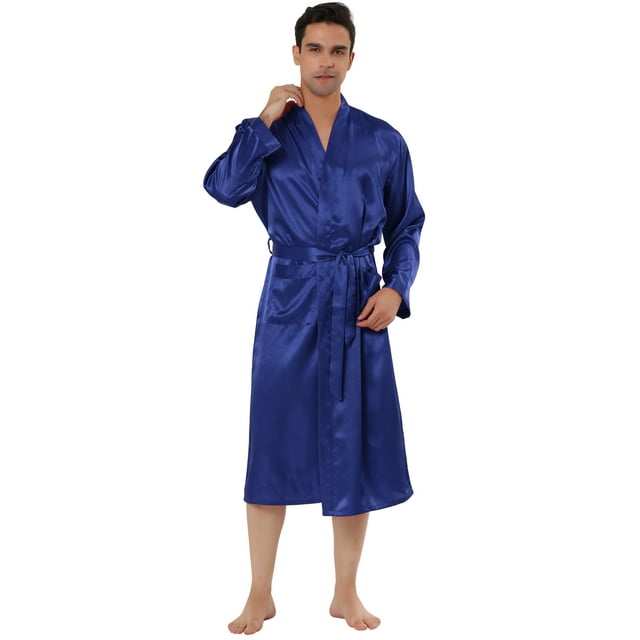 Bata de satén para hombre, camisón para dormir, camisón de manga larga para dormir, pijama, vestido, albornoz Azul XL