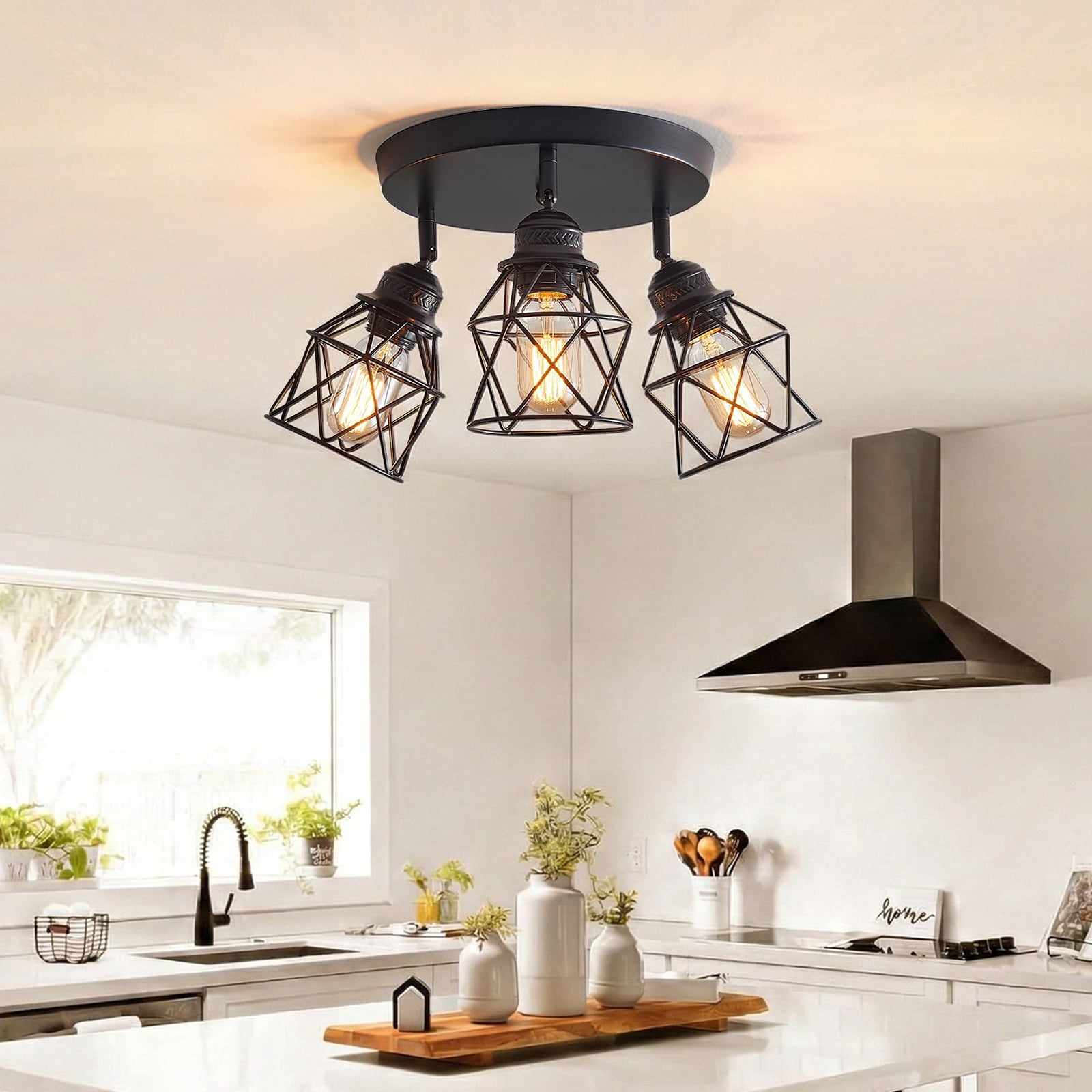 DONGPAI Semi Flush Mount Ceiling Light with E26 Base, Adjustable Multi-Directional Kitchen Ceiling Light Fixture, Farmhouse Black Metal Cage Ceiling Lamp for Dining Room Bedroom Hallway(No Bulbs)