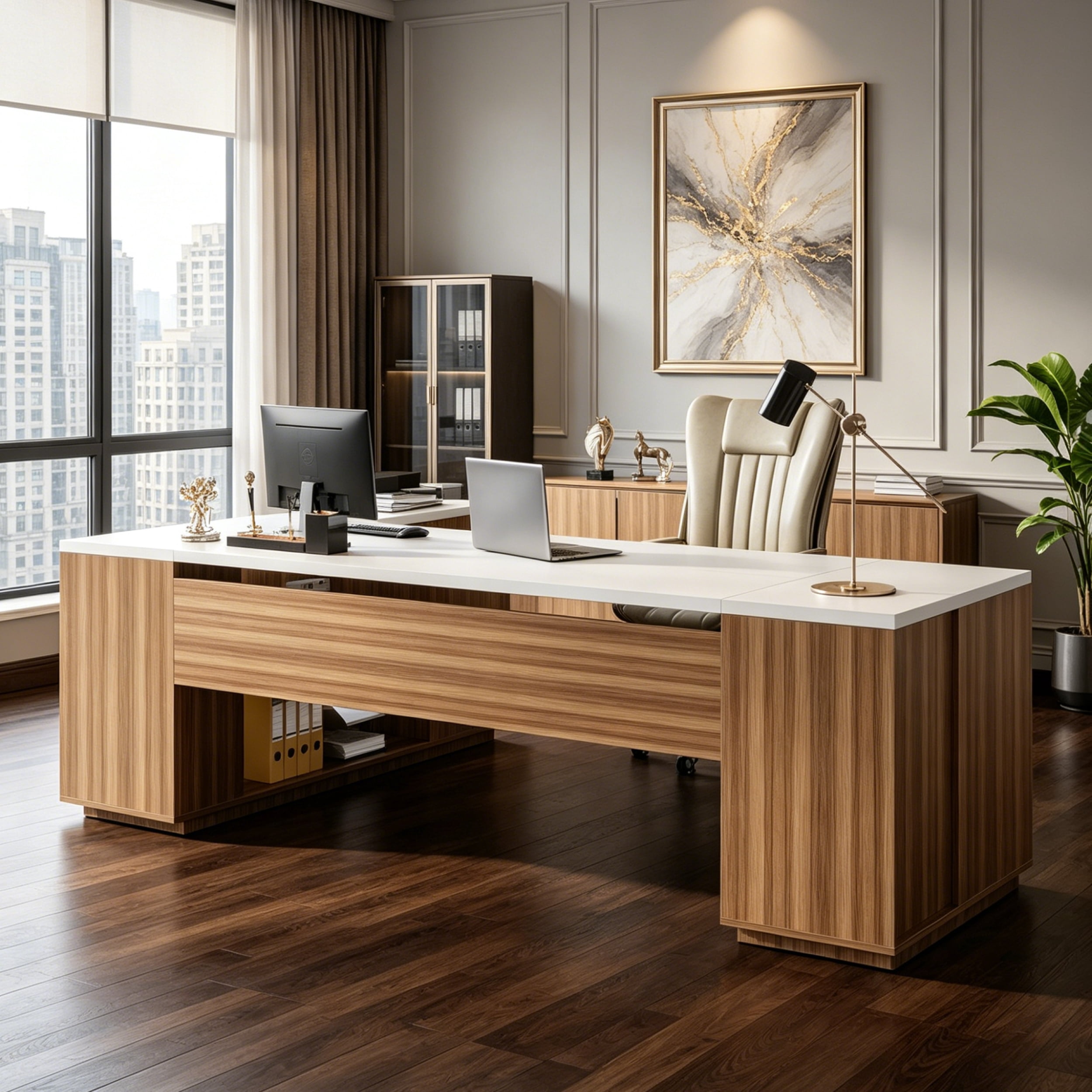 Fnova 85" L-Shaped Executive Desk with Storage Drawers, Modern Office Desk with Adjustable Shelves & File Cabinet, Extra Long Corner Computer Desk for Home Office