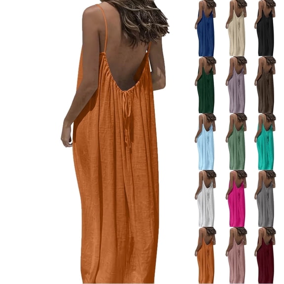 Elvqul Sleeveless Sundress for Women Spaghetti Strap Plus Size Slip Dress Roundneck Holiday Summer Low Back Womens Long Dresses Pull On