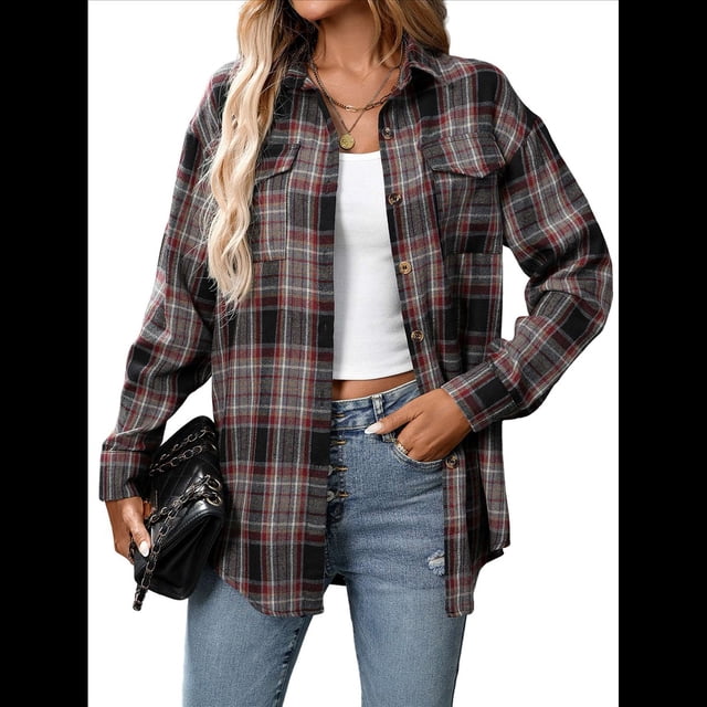 Camisa Abotonada para Mujer, Camisa A Cuadros, Larga, Solapa, Informal, para Negocios, Trabajo Rojo y Negro L