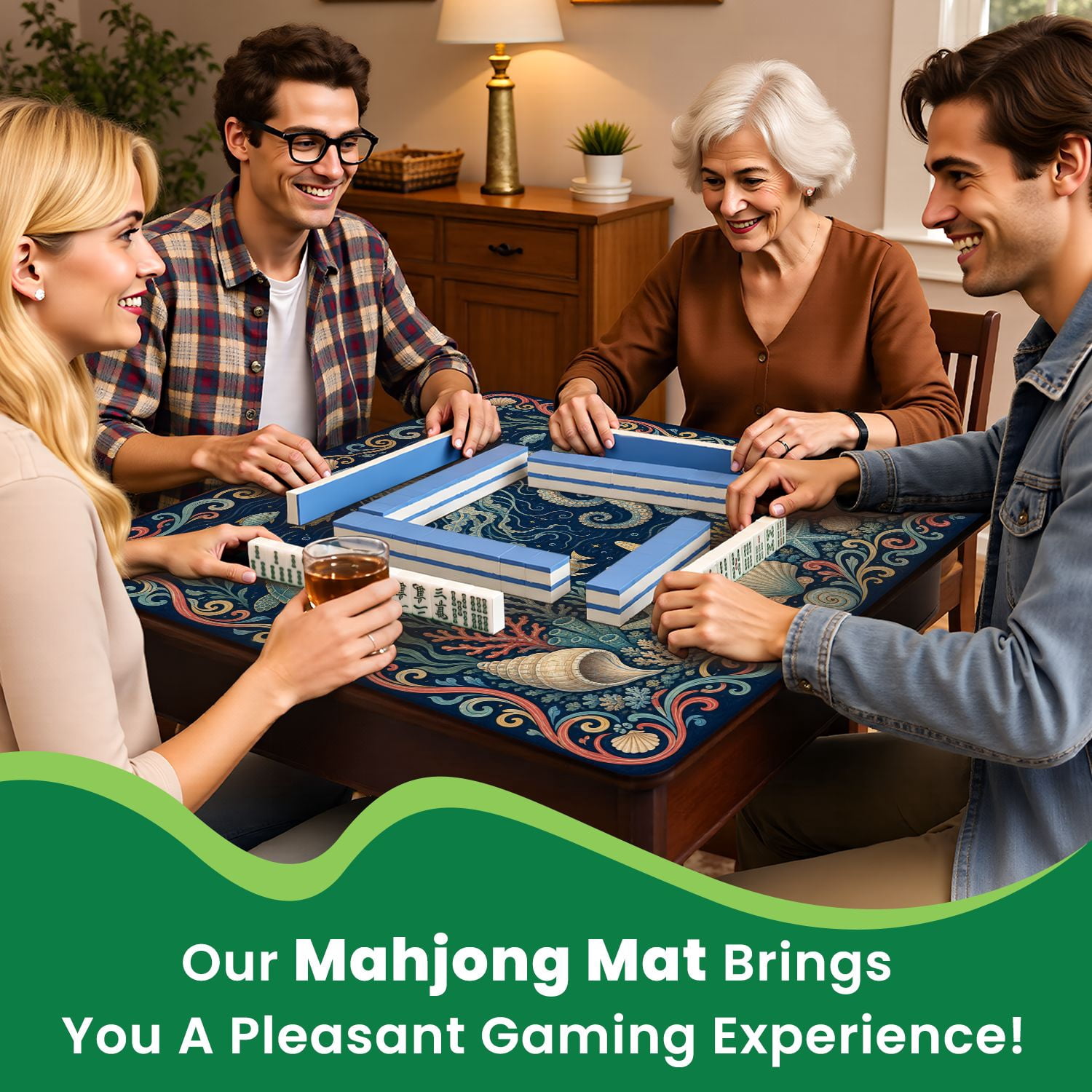 Mahjong Mat 31.5" x 31.5" Whimsical Underwater Ocean Life Jellyfish Turtles Coral Non-Slip Noise Reduction Mahjong Tiles Table Cover for Dominoes Poker Card Board and Tile Games