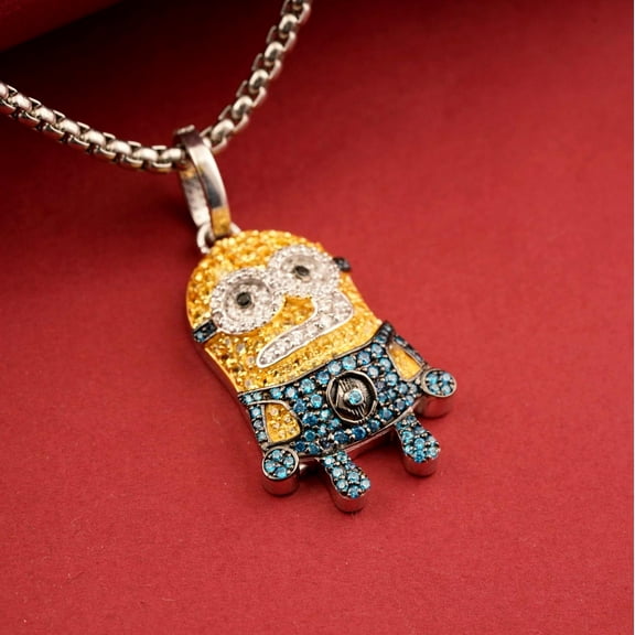Silver & Stone Jewels Multicolor CZ Minion Character Pendant Necklace in Sterling Silver
