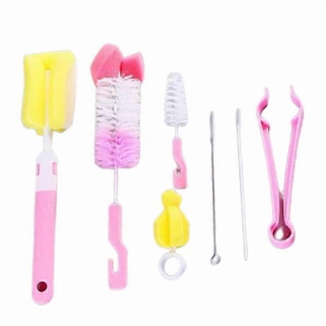 Bottle Brush Set, 7-Piece Baby Bottle Cleaning Set with Nipple Brush and Straw Cleaner (Pink)