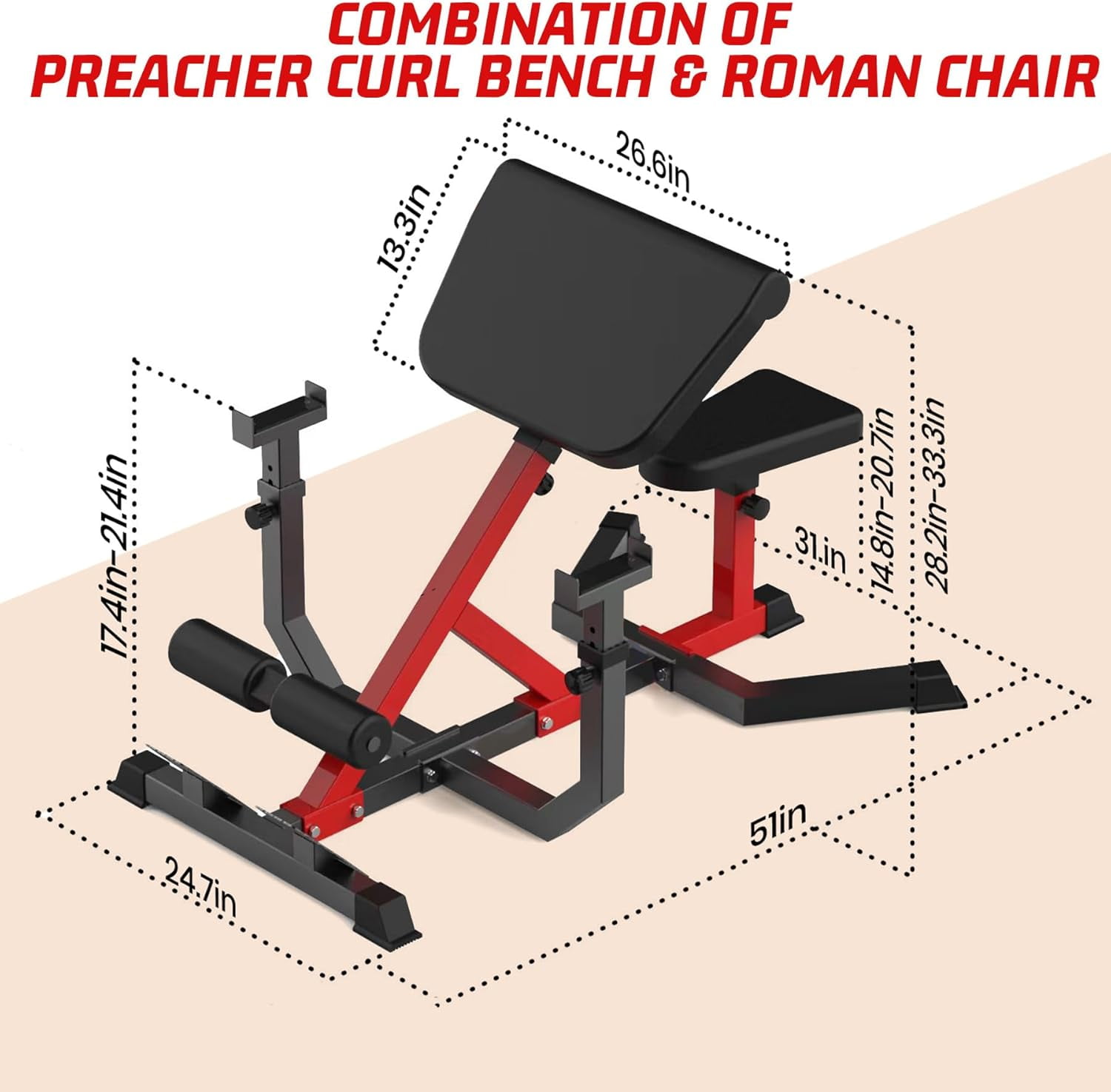 Hetoy 2 in 1 Roman Chair and Missionary Curling Bench Multi-functional heavy-duty, extra-extended bench with adjustable height for arm, abs, back, hip, and leg stretching exercise equipment,Red