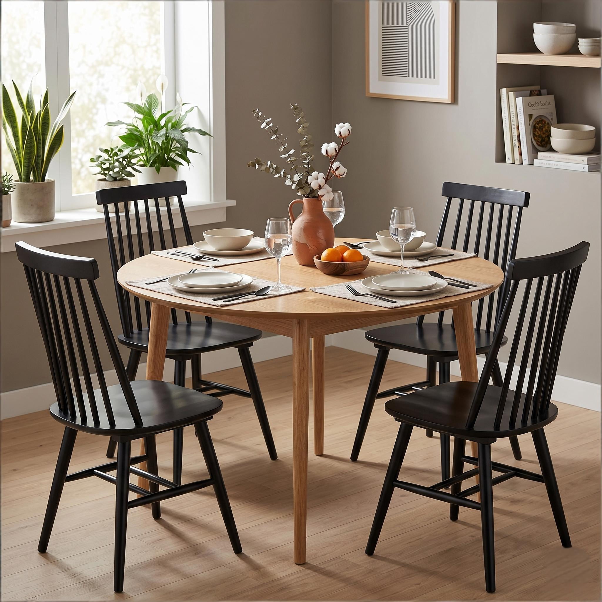 Windsor Dining Chairs Set of 4, Solid Wood Back Kitchen Chairs, Classic Farmhouse Dining Room Chairs for Kitchen, Dining Room, Living Room（Black）