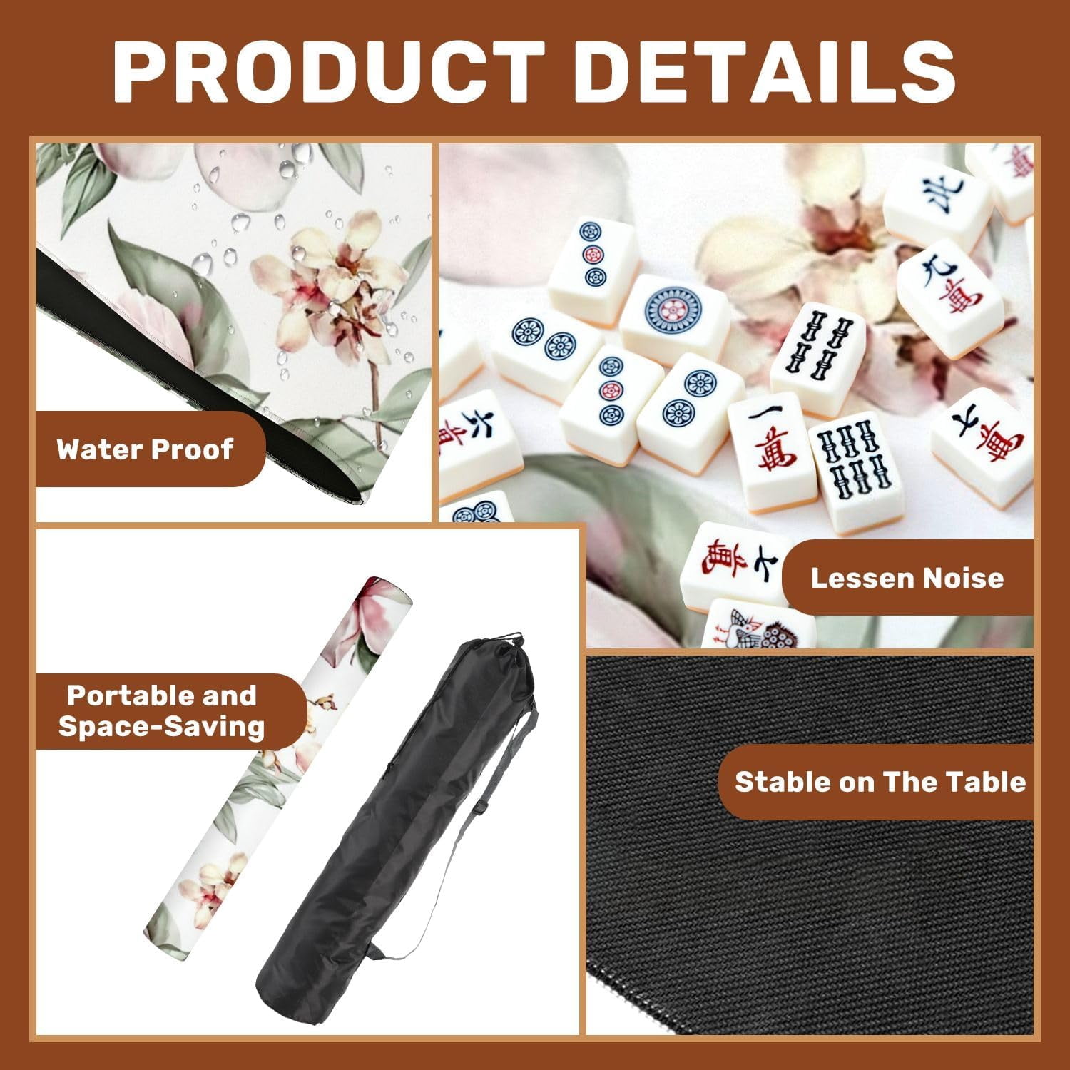Mahjong Mat 31.5" x 31.5" Tropical Watercolor Exotic Jungle Plants Leaves Flowers Pastel Color Non-Slip Noise Reduction Mahjong Tiles Table Cover for Dominoes Poker Card Board and Tile Games