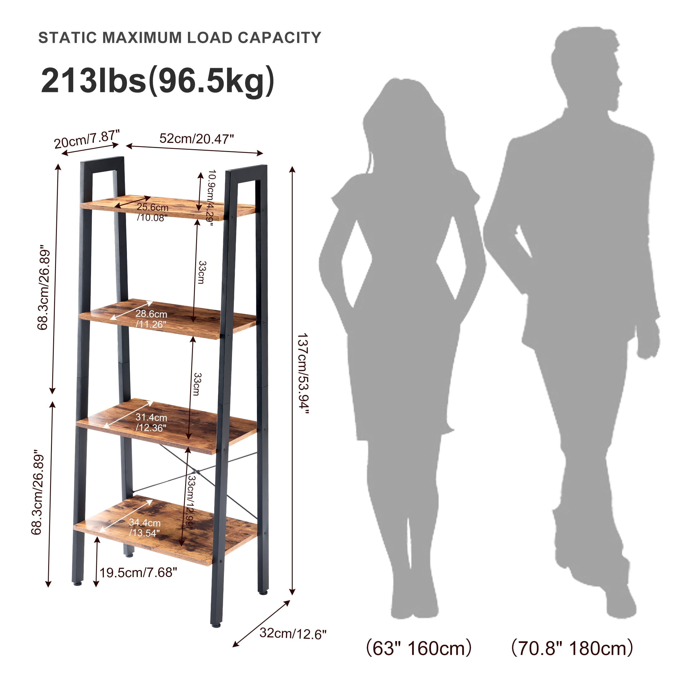 EDX 4-Tier Ladder Shelf, Bookcase Storage & Display Shelf , Corner Bookshelf for Living Room, Balcony, Home Office, Rust