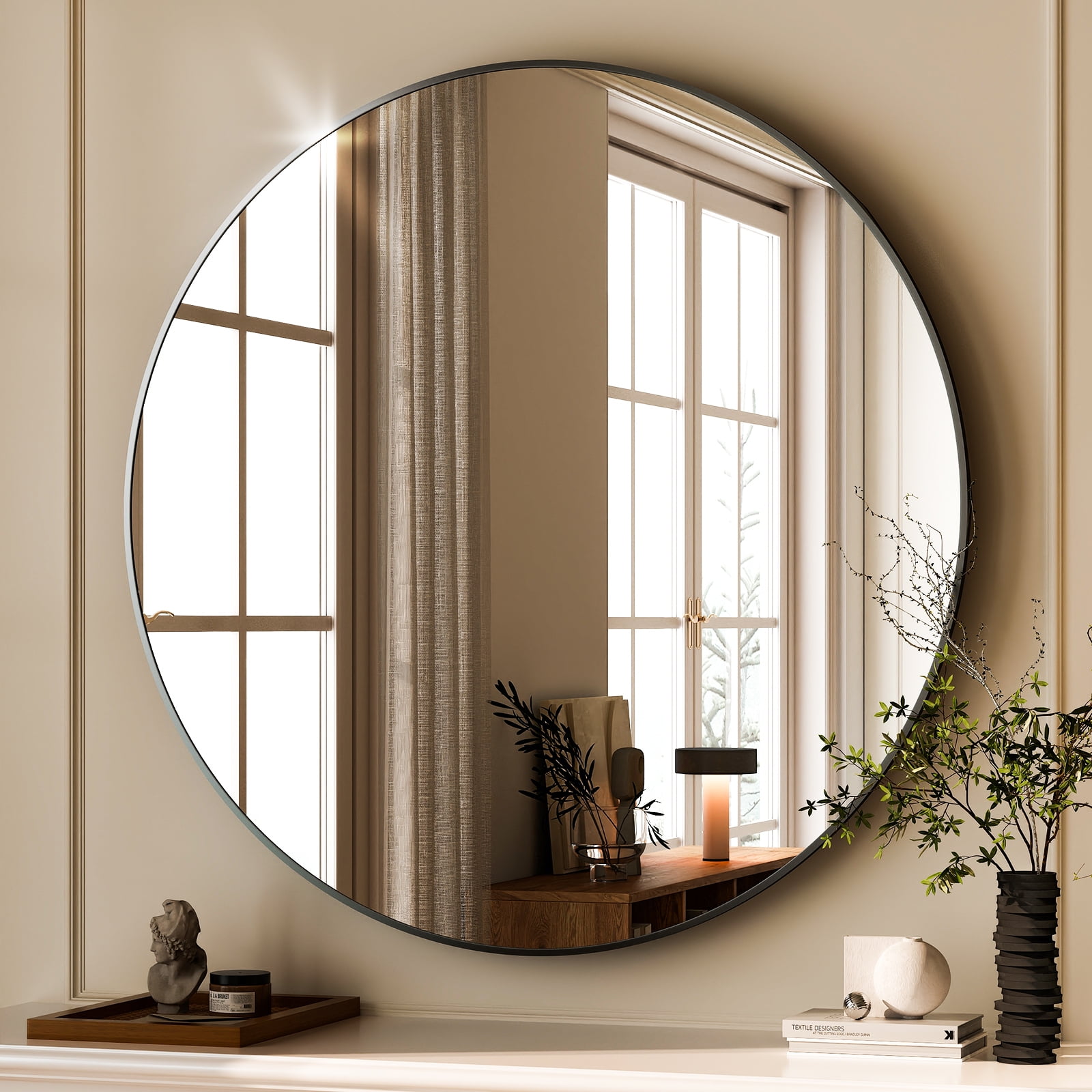 Lumora 24.2"x24.2" Round Bathroom Mirror Wall Mirror, Metal Frame Circle Mirror Black