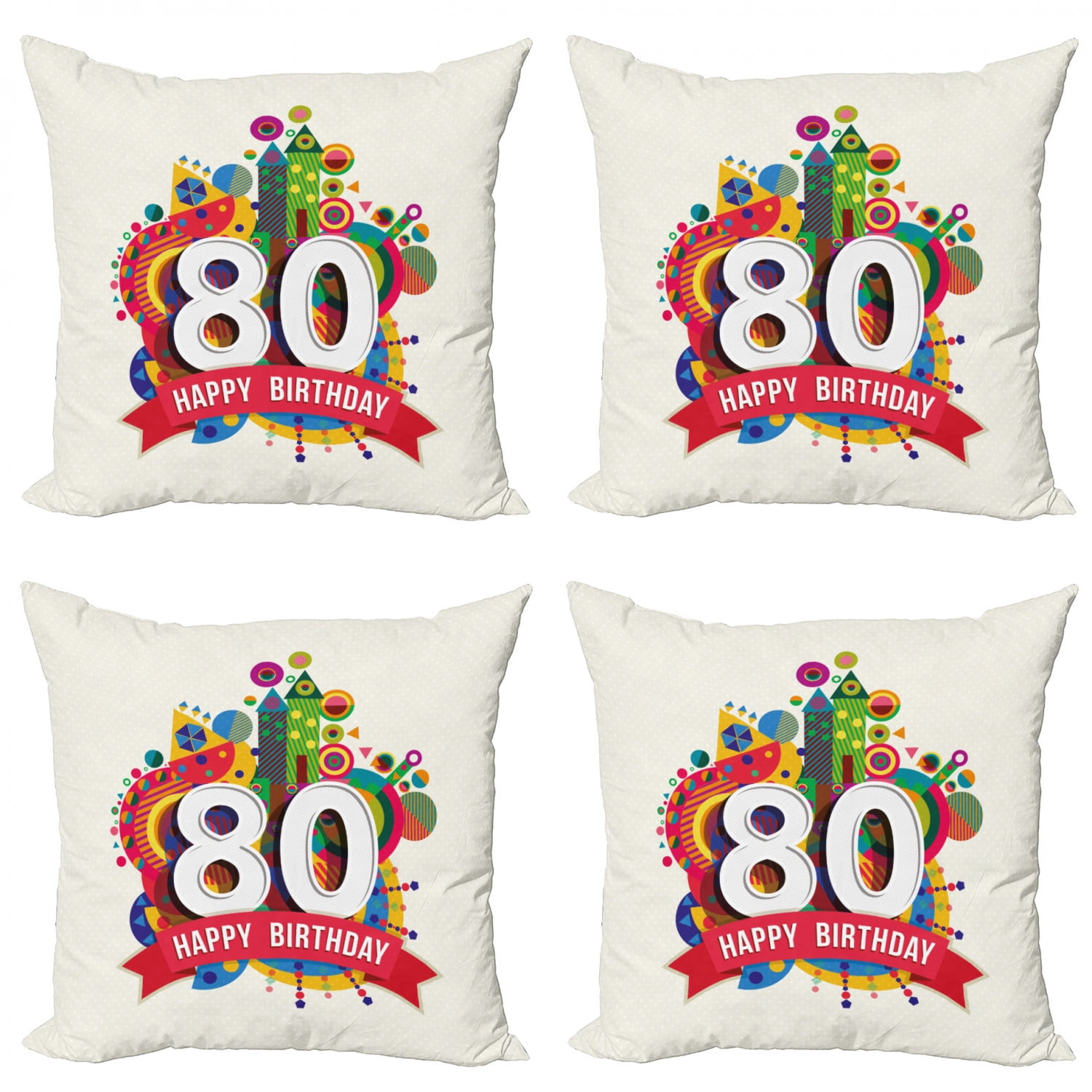 80th Birthday Throw Pillow Cushion Case Pack of 4, Happy Party Ribbon