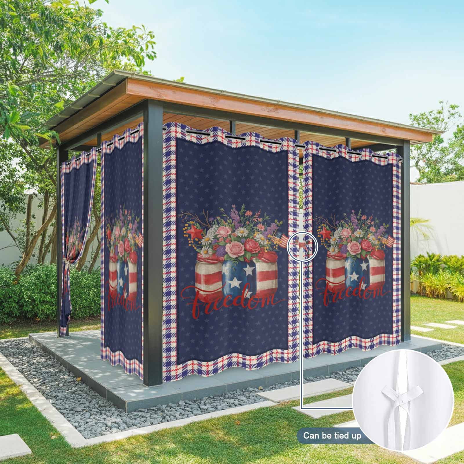 Independence Day Flower Outdoor Curtains for Patio, U.S. Flag Freedom Floral Red Blue Plaid Sunshade Privacy Drapes Grommet Waterproof Outside Curtains for Porch/Cabana/Balcony 54"x 108", 1 Panel