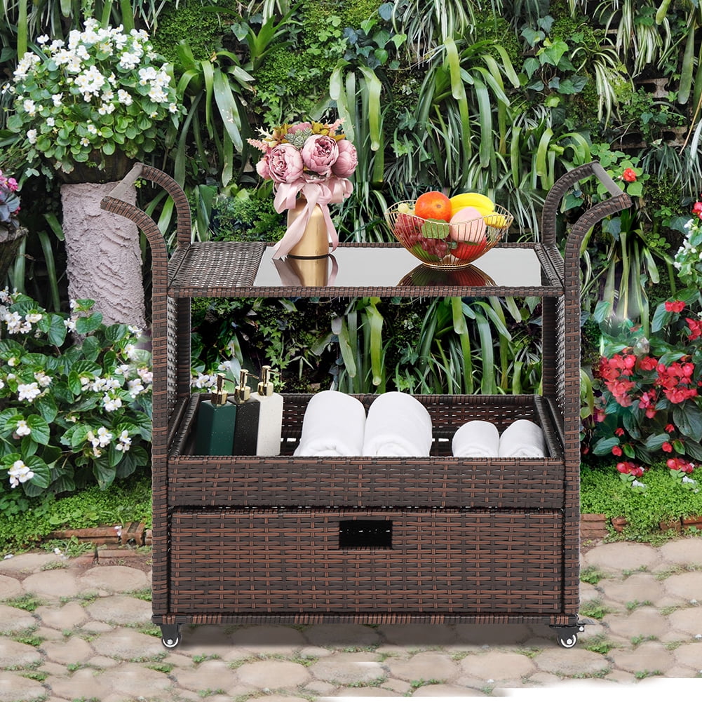 Lowestbest Wicker Rattan Serving Bar Cart, Sideboard On Wheels (Brown Gradient) Lowestbest Wicker Rattan Serving Bar Cart, Sideboard On Wheels (Brown Gradient)