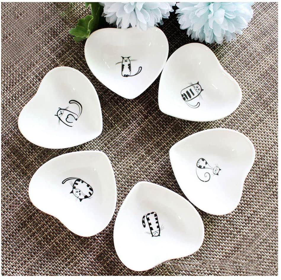 Heart Cute Cat Ceramic Side Sauce Dishes Mini Heart Shape Seasoning Dish Sushi Soy Dipping Bowl,Serving Saucers Dishe,Meow Porcelain Small Tea Bag Holder Set of 6 