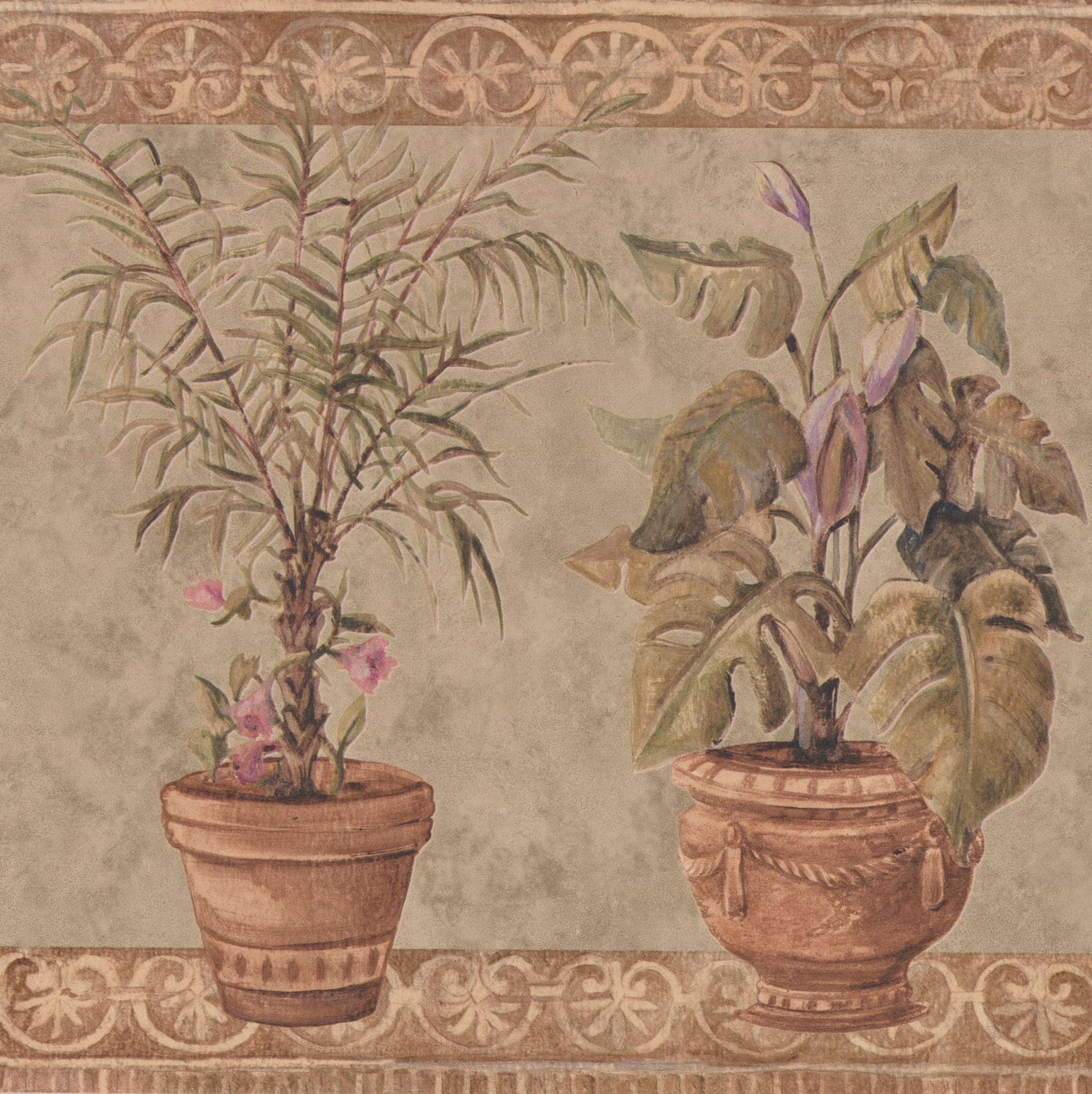 Wallpaper Border Green Plants in Pots Beige Floral Wall Border Retro
