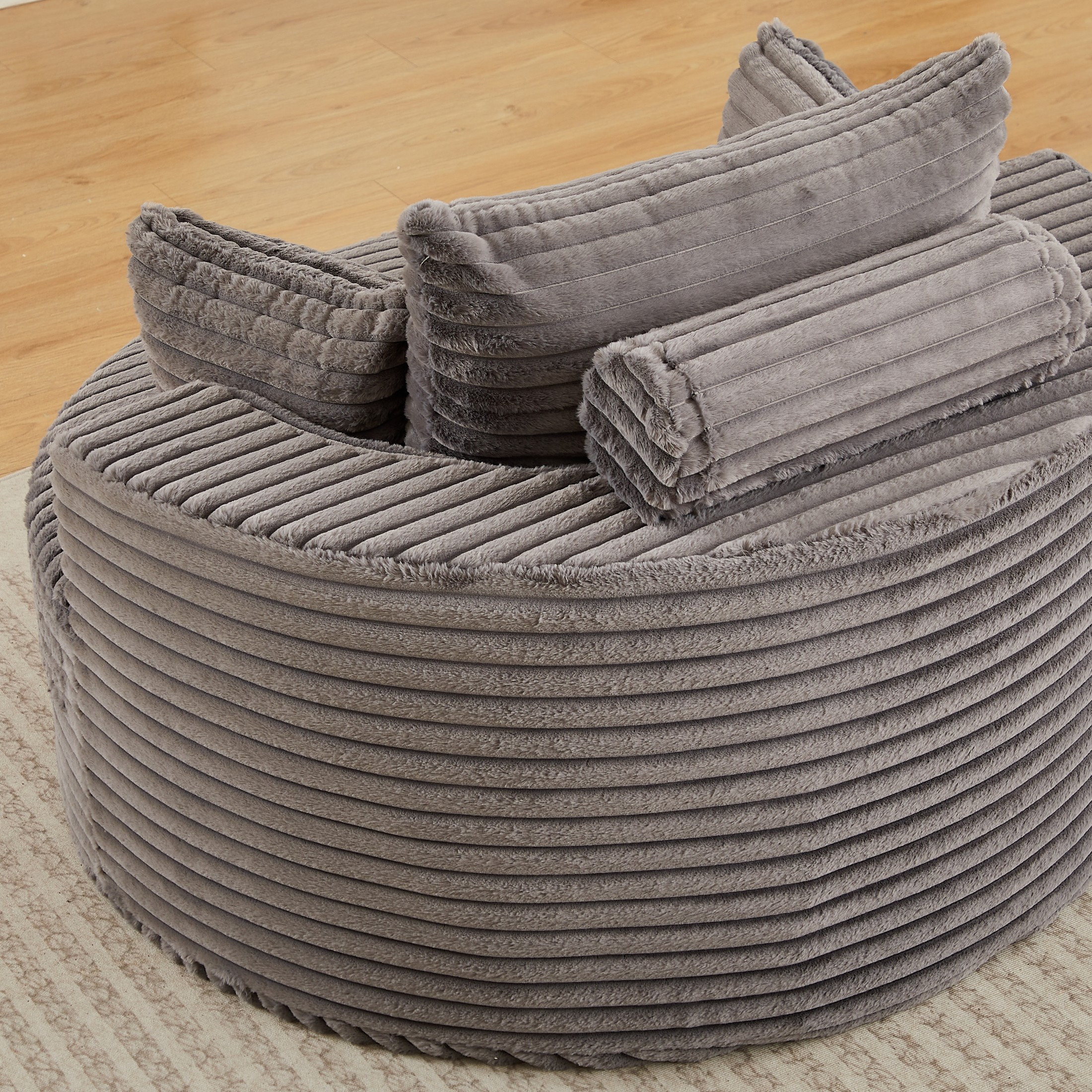 Aukfa 50" Oversized Corduroy Round Sofa Chair, Modern Deep Seat Chaise Lounge Chair Indoor with Pillows, No Assembly Required, Gray