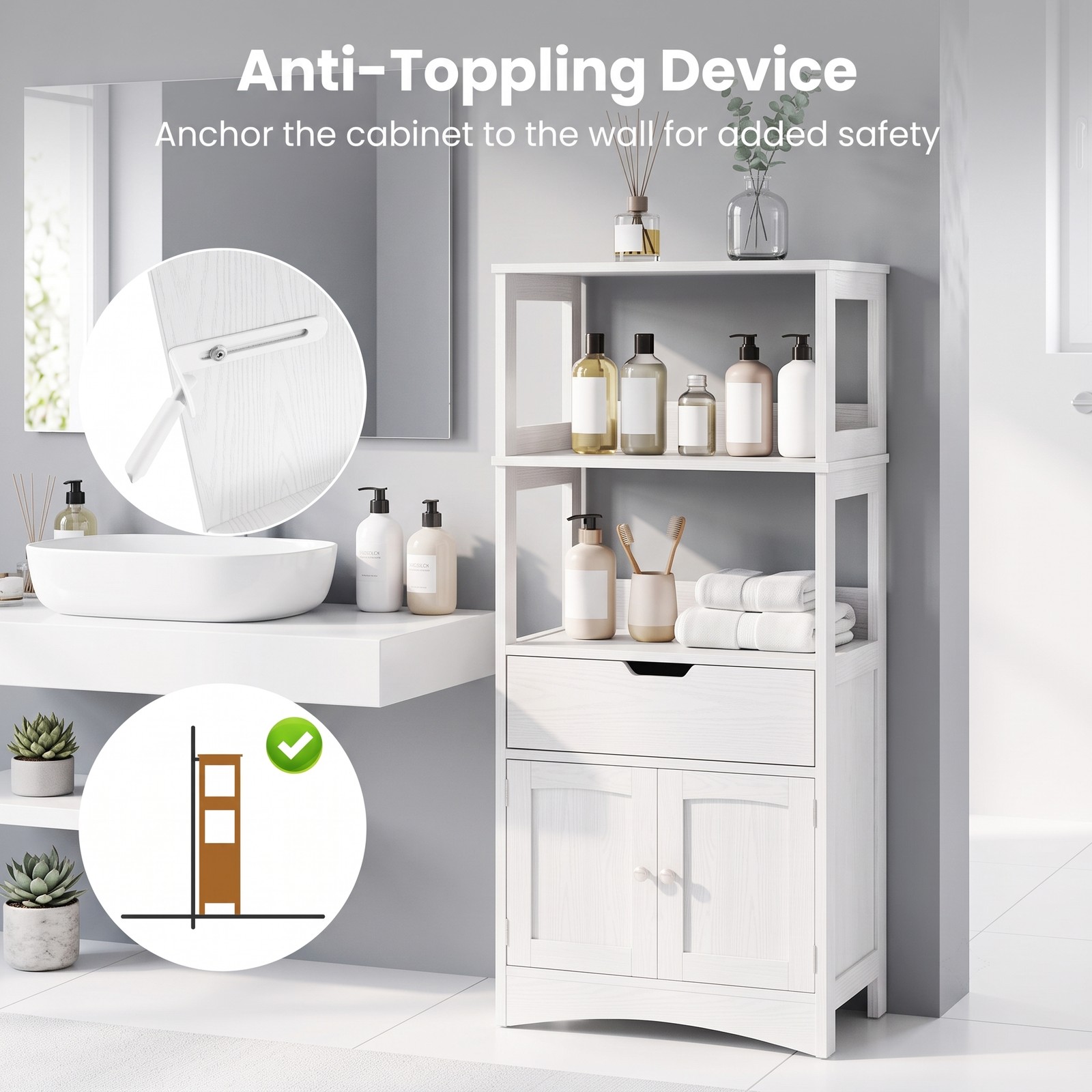 ALPULON Bathroom Storage Cabinet with Drawer and Shelf, Freestanding Floor Cabinet, Waterproof MDF Organizer for Bathroom Bedroom Living Room Entryway, Anti-Tip, White
