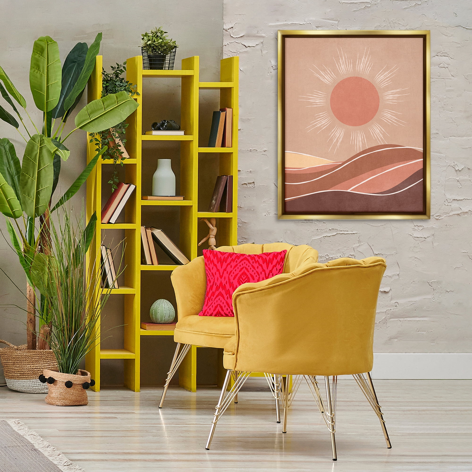 Stupell Industries Boho Sun over Desert Landscape & Nature Painting Gold Floater Framed Canvas Art Print Wall Art, 25 x 31