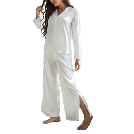 

Elegant Solid Lapel Pant Sets Long Sleeve White Womens Pajama Sets (Women s)