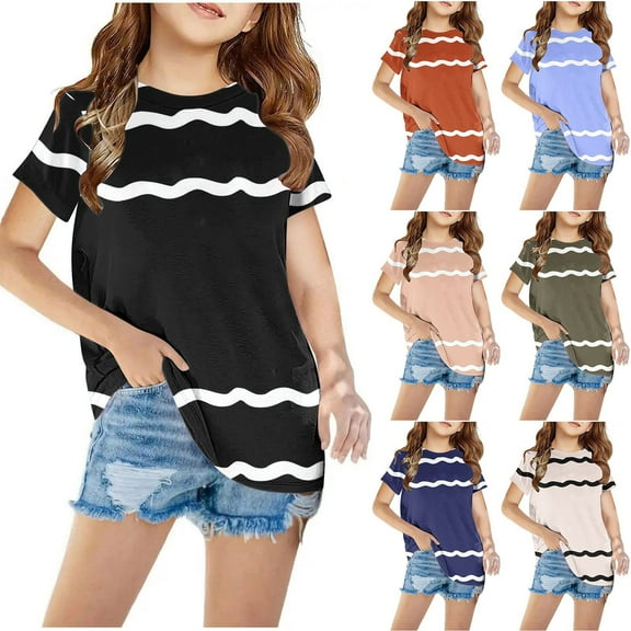 WRKEKC Girls Summer T-Shirts, Casual Shirts for Girls, Shirts for Kids Short Sleeve Graphic T-Shirt Round Neck Crop Top for 3-14 Years Girls and Boy T-Shirt Tee