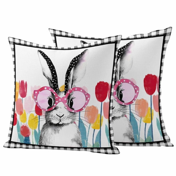 Outdoor Waterproof Pillow Covers Easter Bunny Tulip Black Palid Decorative Throw Pillow Protectors,Pillowcase Cushion Cases for Patio Sofa Garden Couch,16x16in,Pack of 2
