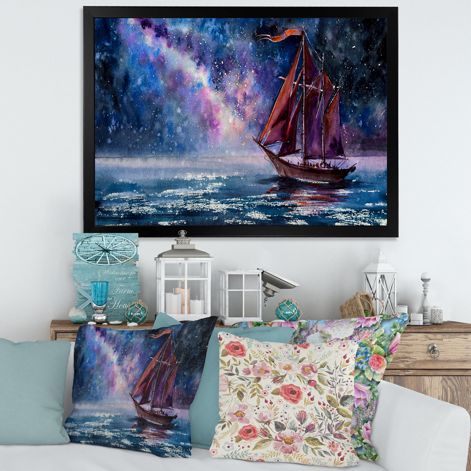 Designart 'Red Sails & Bright Night Sky With Wooden Sailboat' Nautical & Coastal Framed Art Print