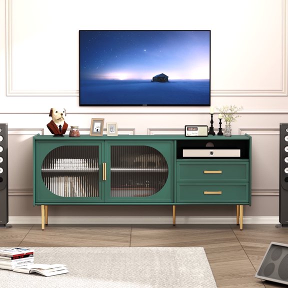 CBJCBJ Modern Glass Doors TV Stand for TVs up to 70" Entertainment Center with 2 Drawers, Green