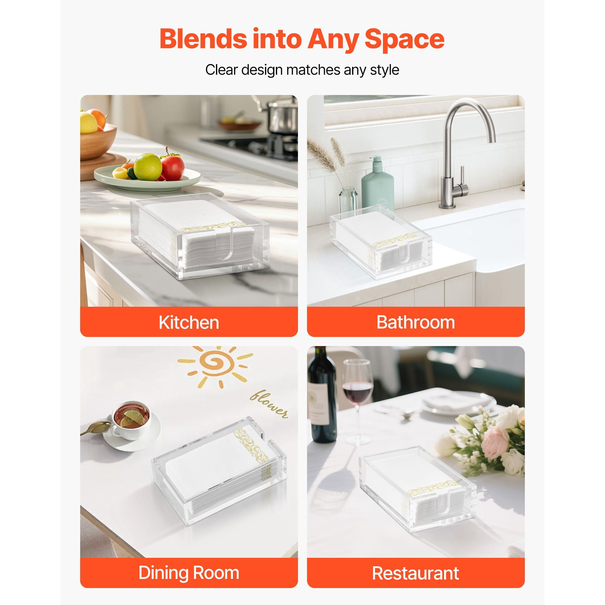 Acrylic Napkin Holder, 0.37 Inch Thickened Clear Acrylic, Large U-Shaped Side Opening, Smooth Rounded Corners, 9.1x5.5x2.6 Inch, Versatile for Bathroom and Restaurant