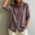 thumbnail image 3 of Morttic Women's Striped Lapel Collar Button Down Shirt – Collared Puff 3/4 Sleeve Blouse, Casual Loose Summer Top Purple，S, 3 of 6